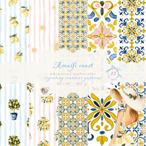 Motifs Cottagecore estivaux, Carrelage méditerranéen sans couture, Motif citron italien, Carrelage citronné, Bordure aquarelle ambiance estivale, Rayures