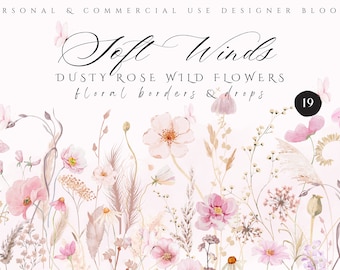 Watercolor Dusty Rose Wild Field Flowers Clipart, Floral Borders, Bouquets, Blush Pink Meadow, Digital Download, Commercial Use
