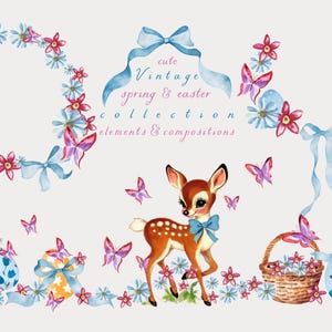 Vintage Ostern Clipart Frühling Aquarell Süßer Osterhase Cottagecore Kommerzielle Nutzung Geburtstagsparty Baby Shower Wildblumen Sublimation PNG