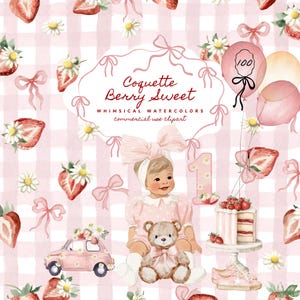Beere erster Geburtstag Clipart, Kokette Erdbeere rosa Bögen png, Beere süße Babyparty, Aquarell Erdbeere Gänseblümchen, nahtlose Muster