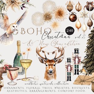 Accogliente clipart di Natale, pacchetto Boho Christmas Acquerello PNG, grafica natalizia carina, ornamenti, ghirlande, cibo festivo