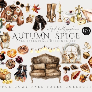 Pumpkin Spice Cozy Autumn Watercolor Clipart, Cottagecore Fall Clipart Bundle, Digital Download, Junk Journal, Scrapbook, Commercial Use