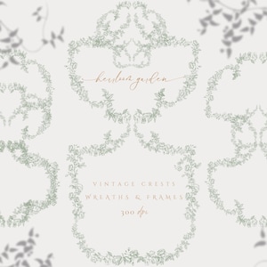 Vintage Chinoiserie Floral Clipart, Green Chinoiserie Floral Wedding Clipart, Molduras ornamentais, Florais vintage, Botânicos vintage, Brasões