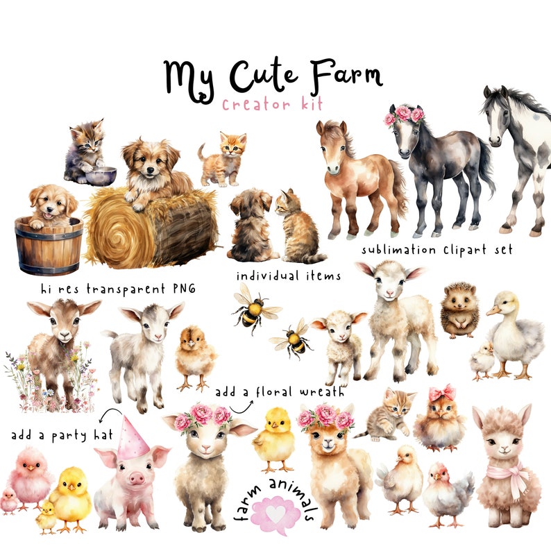 Cute Farm Clipart for Commercial Use, Farm Animals Watercolor Digital ...