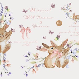 Aquarell Hasen und Wildblumen Clipart Bundle ∙ Frühling Blumenbordüren ∙ Süßes Ostern Clipart ∙ Kokette Schleifen Designs ∙ Wildblumenwiese