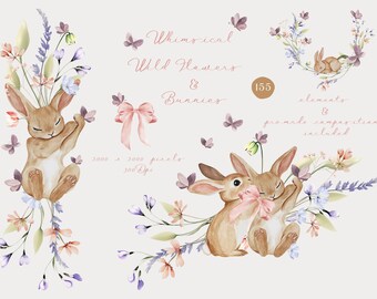 Watercolor Bunnies and Wildflowers Clipart Bundle ∙ Spring Floral Borders ∙ Cute Easter Clipart ∙ Coquette Bow Designs ∙ Wildflower Meadow
