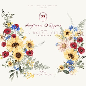 Clipart floral de girassol em aquarela, buquês de casamento de girassol, flores de papoula, coroa de girassol png, clipart de clima de verão, cottagecore