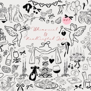 May include: Black and white whimsical illustrations of wedding-themed elements, including a car with "Just Married" on the back, a cake, a couple, a carriage, cherubs, flowers, wine glasses, candles, and a table setting. The text "Whimsical & Handcrafted Love" is written in cursive.