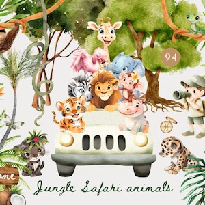 Niedliche Dschungel Tiere Clipart, Safari Baby Tiere png, Babyparty Clipart, Dschungel-Kinderzimmer Dekor, Wild One Geburtstag-Einladung