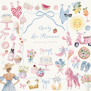 Whimsical Wedding Clipart, Dolce Vita Wedding Icons, Quirky Love Illustrations for Bridal Wedding Invitation, Coquette Mediterranean Doodles