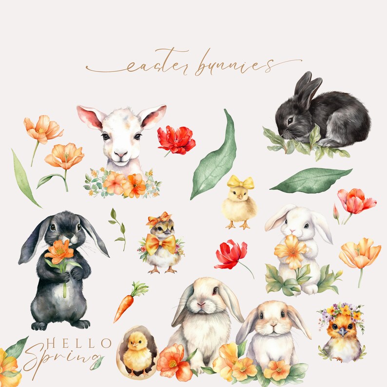 Watercolor Bunnies Clipart, Floral Bunnies, Spring Bunnies, Watercolor ...