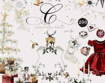 Elegant Christmas Clipart Mega Bundle, Whimsical Winter Holiday PNG, Vintage Angel Nutcracker, Woodland Animals, Commercial Use