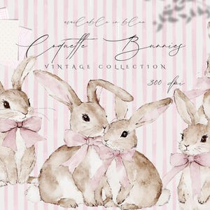 Conejito de acuarela, conejito vintage PNG, conejito con lazo rosa, conejito bebé lindo, arte de conejito para guardería, conejito de Pascua para baby shower PNG
