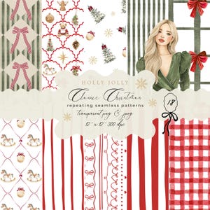 Può includere: Una collezione di motivi natalizi senza cuciture. I disegni includono fiocchi rossi, strisce e ornamenti festivi. L'immagine presenta anche una donna con un vestito verde e il testo "HOLLY JOLLY Classic Christmas". I modelli misurano 30,48 cm x 30,48 cm.