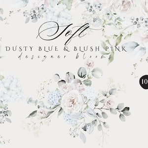 Clipart floreale blu polveroso, fiori matrimonio rosa polveroso e blu polveroso, Clipart ortensia blu, Boho Wedding Invito Clipart