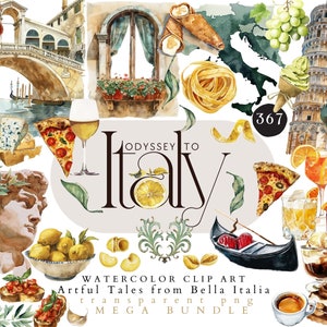 Aquarelle Italie Clipart Mega Bundle, Artful Travel Art Prints Esthétique italienne Traveler Clipart Scrapbooking Summer Clipart Pizza Pasta