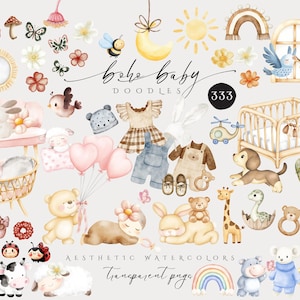Boho Baby Aquarell Clipart, Kinderzimmer Tier Clipart, Neugeborene Boho Doodle, Babyparty PNG, Mond Kind Grafik, Sublimationsdesign