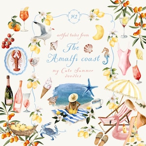 Scarabocchi acquerellati stravaganti della Costiera Amalfitana in formato PNG, illustrazioni estive italiane, clipart mediterranee preppy, limone carino, piastrelle, icone di viaggio