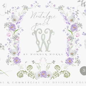 Flore aquarelle, clipart d’invitation de mariage de fleurs sauvages, cadres floraux, crêtes d’aquarelle, couronnes, bouquets, papillons