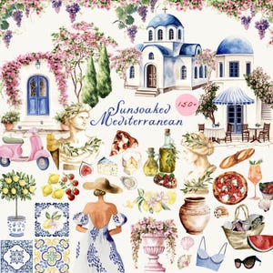 Clipart con acquerello estivo mediterraneo, limoni e piastrelle, Italia, Grecia, Sicilia, Amalfi, adesivi digitali, diario di spazzatura, uso commerciale