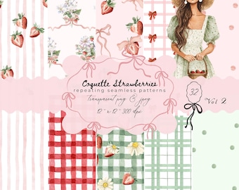 Strawberry Gingham Seamless Patterns | Watercolor Cottagecore Digital Paper (PNG, JPG, Digital Download) Commercial Use