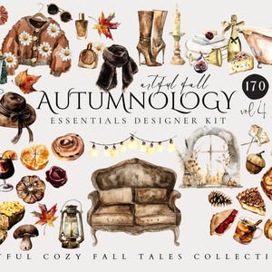 Paquete acogedor de otoño, elementos esenciales de otoño, gráficos de otoño, dulces de otoño, dulces de otoño, cócteles festivos, hojas de acuarela, imágenes prediseñadas de Acción de Gracias