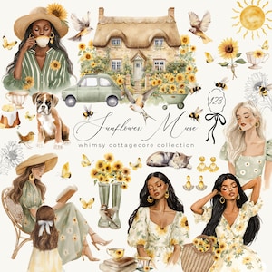Aquarell Sonnenblume Sommer Clipart, Sommer Vibe, Cottagecore, Boho Stil Herbst Floral Junk Journal Aufkleber skurrile Clipart kommerzielle Nutzung