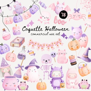 May include: A collection of whimsical Halloween-themed illustrations in soft pastel colors. The set includes pumpkins, bats, ghosts, and other spooky characters with a cute, coquette aesthetic. The text "Coquette Halloween commercial use set" is also visible.