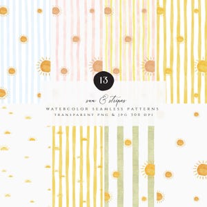 Aquarelle peinte à la main soleil et rayures motifs répétitifs sans couture PNG, JPG téléchargement numérique pour un usage commercial, motif estival
