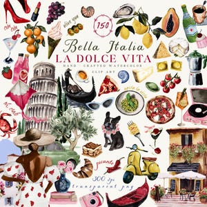 Clipart acquerello Italia, Estetica italiana, PNG matrimonio in Italia, Adesivo ragazza in viaggio nel Mediterraneo, Piastrelle italiane limone, Toscana, Album di ritagli