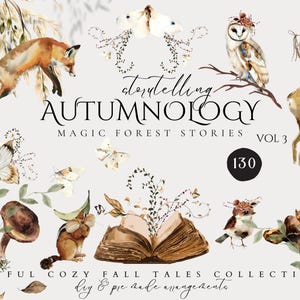 Animales del bosque mágico - Clipart de acuarela de otoño ingenioso con magia del bosque, animales del bosque, escenas del bosque, gráficos de otoño neutros, conjunto de bosque