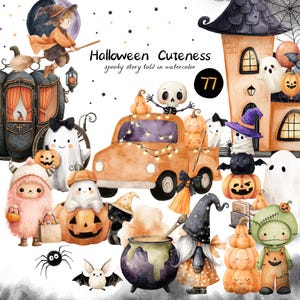 Pode incluir: Ilustração em aquarela com tema de Halloween. Apresenta uma bruxa em uma vassoura, uma carruagem, fantasmas, abóboras, um caminhão, um caldeirão e outros personagens assustadores. O texto diz "Halloween Cuteness, spooky story told in watercolor."