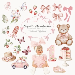 Aquarelle des cliparts fraise, baies premier anniversaire des cliparts, des cliparts noeud aux fraises, des cliparts dessert aux fraises, baby shower, clipart fruits