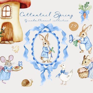 Histórias de Little Valley em aquarela Clipart, Coelho Vintage PNG, Coelhos fofos, Clip Art de animais da primavera, Clipart de jardim, Download digital