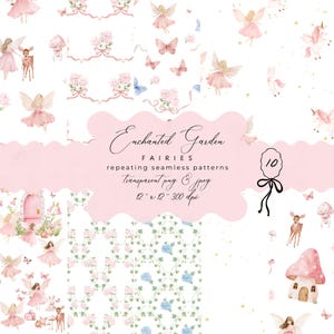 Fairy Garden Background, Pink Bow Floral Fairy Seamless Pattern, Fairy Digital Background Pages, Preppy Background, Fairy Junk Journal Paper