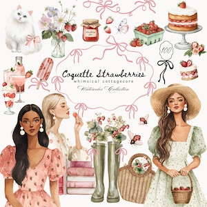 Aquarelle fraise des cliparts, cliparts été, premier anniversaire de baies, journal de la camelote Cottagecore, autocollants numériques, usage Commercial de scrapbooking