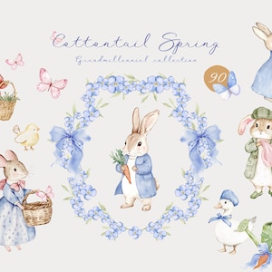 Vintage Hasen Aquarell Clipart, Frühlingshasen, süßes Ostern PNG, Cottagecore Kaninchen, Wildblumen, Grandmillennial Babyparty Clipart