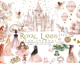 Pink Princesses Watercolor Clipart, Princess Clipart, Magical Kingdom Clipart, Royal Clipart, Unicorn Clipart, Pony, Clipart For Kids
