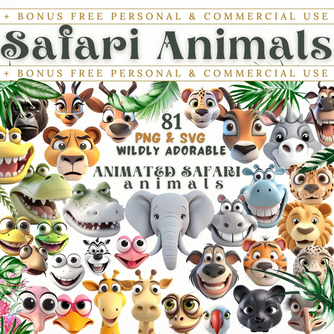 Buy Animated Safari Animal Faces, PNG SVG Bundle. Animation Animal ...