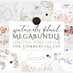 Flores Mega Bundle Clipart, Elementos Florais Aquarela, Buquês de Flores PNG, Coroas, Molduras, Sublimação, Download Instantâneo, Uso Comercial