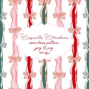 Red Green and Pink Christmas Stripes and Coquette Bows Seamless pattern, Seamless Christmas Repeat for Commercial Use, Christmas Pattern