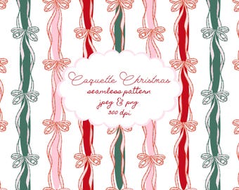 Red Green and Pink Christmas Stripes and Coquette Bows Seamless pattern, Seamless Christmas Repeat for Commercial Use, Christmas Pattern