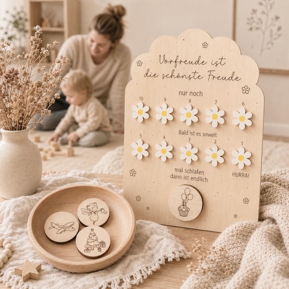 Countdown Tafel für Kinder aus Holz | Vorfreude Kalender für Urlaub, Geburtstag, Weihnachten & besondere Ereignisse | Montessori Geschenk