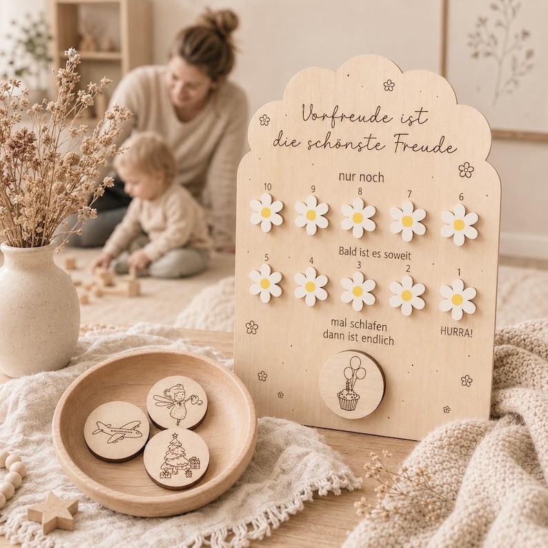 May include: A wooden countdown board with daisy-shaped markers, featuring the text "Vorfreude ist die sch&ouml;nste Freude." Includes a wooden bowl with three circular tokens with engraved images. A vase with dried flowers is in the background.