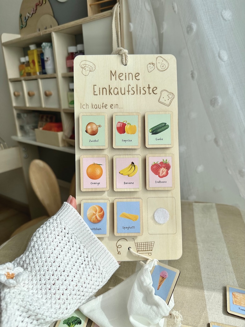 Wooden shopping list with realistic food images | realistic accessories for play shops or supermarkets image 1