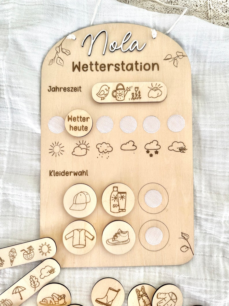 Weather station for children with clothing choice personalized made of wood mit Aufhängung