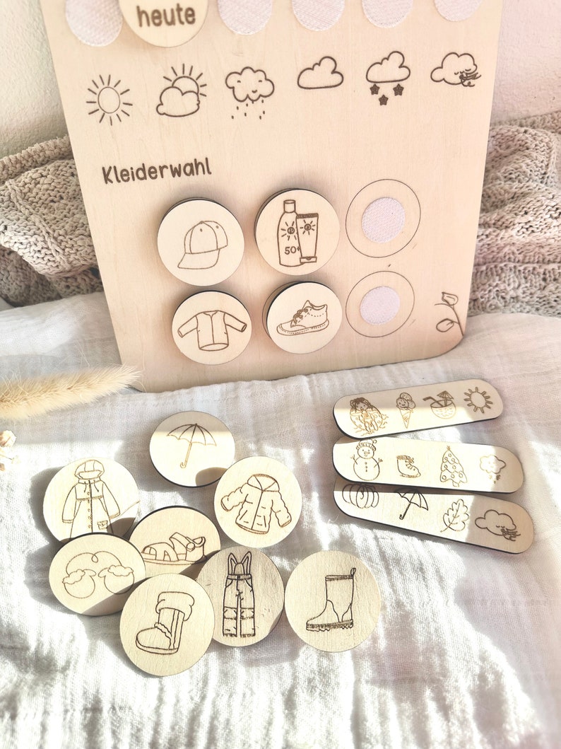 Weather station for children with clothing choice personalized made of wood image 2