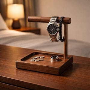 Walnut Valet, Solid Hardwood Tray With Watch Holder And Bracelet Bar