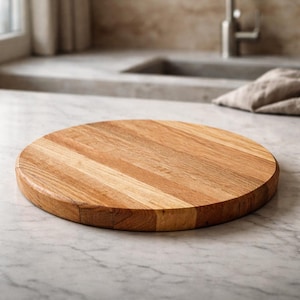May include: A round wooden cutting board with a light brown finish. The board is made of several wooden planks and has a smooth surface. The cutting board is sitting on a marble countertop.