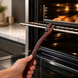 Palanca para empujar y tirar del horno, herramienta de madera maciza para rejilla con gancho